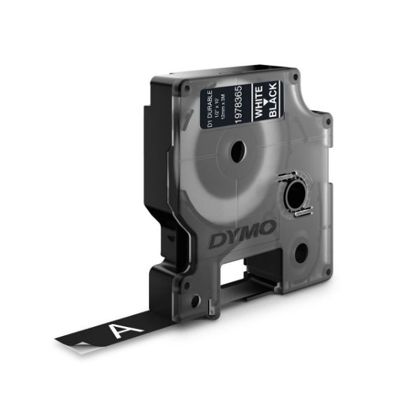 Picture of Genuine D1 Extra-Strength Durable Labels. 12mm x 3m Wht on Black. Stronger than Std D1