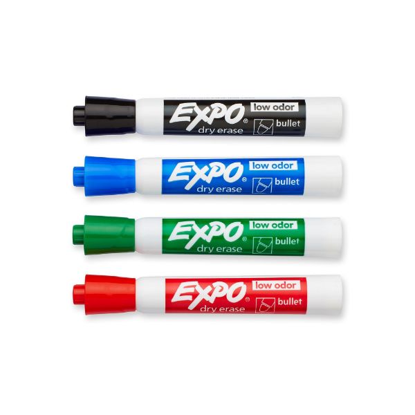 Picture of Dry Erase Markers Bullet Marker 4-Pack. 4x Assorted Red Blue Green & Black