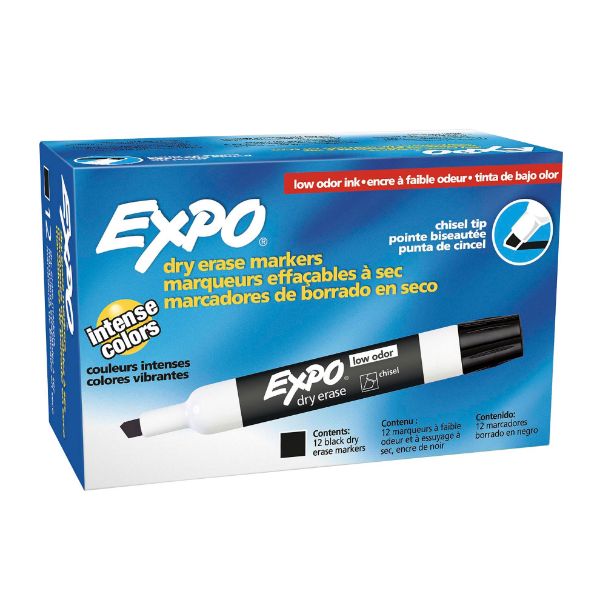 Picture of Dry Erase Markers Chisel Tip. 12-Pack. Black Colour. Bright Vivid Non-toxic Ink.