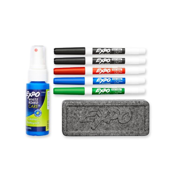 Picture of Dry Erase Markers w/ Fine Point Tips Clean Spray Eraser Red Blue Green & Black