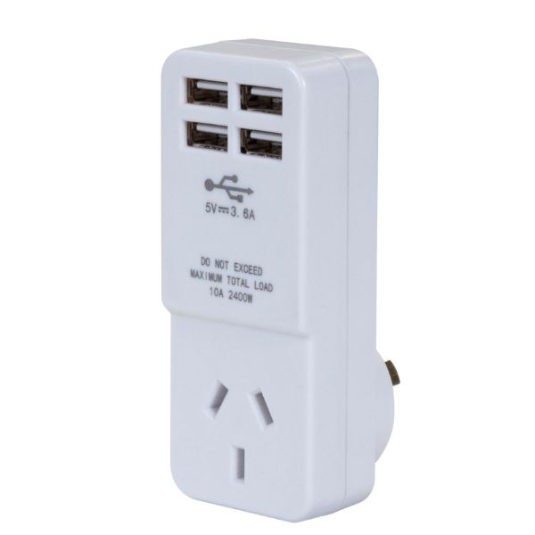 Picture of USB-A Wall Charger w/ 4x USB-A Outlets & 1x Main Power Socket Shared 3.6A Quick Charge