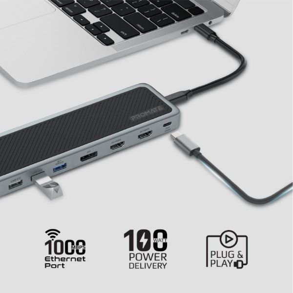 Picture of 12-in-1 Multi-Port Hub. 4x USB-A & 1x USB-C PD Port 2x HDMI Ports 1x RJ45