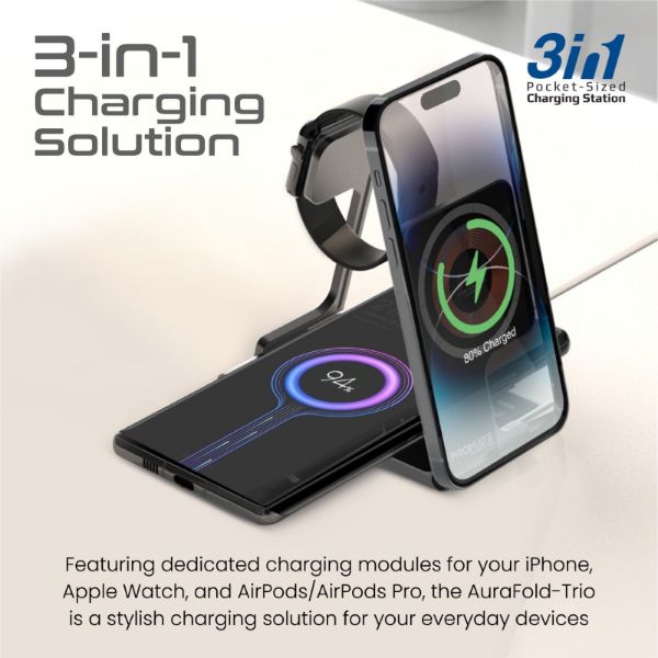 Picture of 3-in-1 Ultra-Slim Foldable 15W Magsafe Wireless Charging Station. 3W Apple Charger.