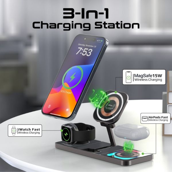 Picture of 3-in-1 Ultra-Slim 15W MagSafe Charging Station. 3W Apple Watch Charger 5W