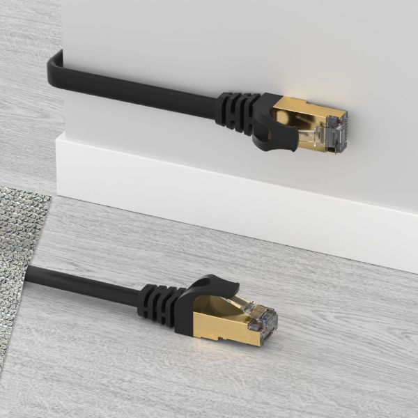 Picture of 10m CAT 7 Black Flat SSTP 32AWG Patch Lead in PVC Jacket 500MHz Gold-plated Contacts