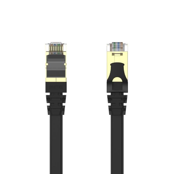 Picture of 20m CAT7 Black Flat SSTP 32AWG Patch Lead in PVC Jacket 500MHz Gold-plated Contacts