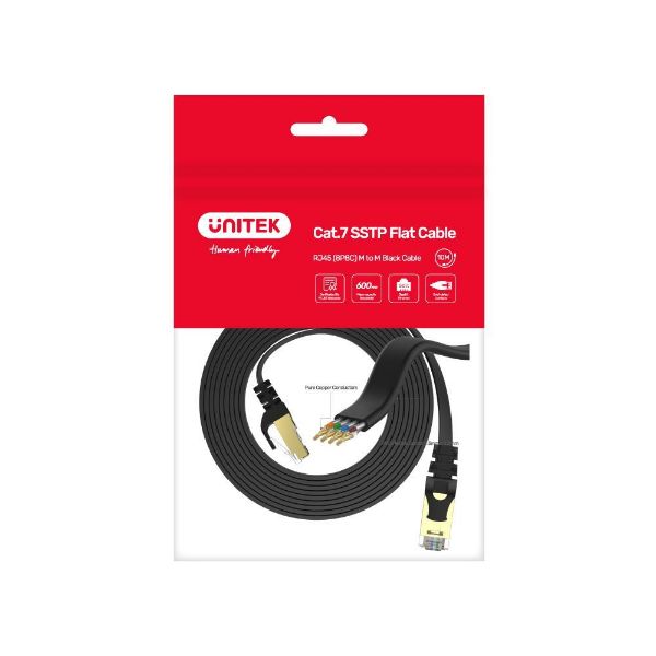 Picture of 5m CAT 7 Black Flat SSTP 32AWG Patch Lead in PVC Jacket 500MHz Gold-plated Contacts