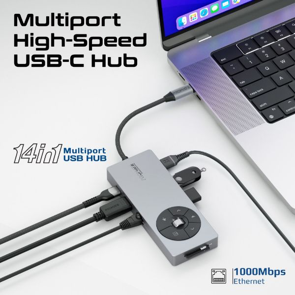 Picture of 14-in-1 USB Multi-port Hub with USB-C Connector. Includes 1x HDMI Port 1x RJ45