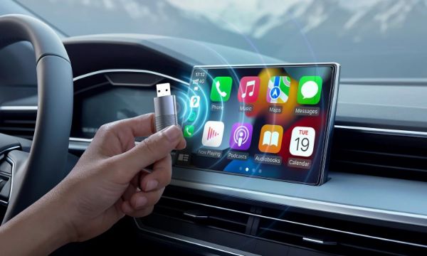 Picture of Wired Carplay to Wireless Connection Dongle Stick. 90 Degree USB-A Adapter &