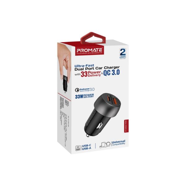 Picture of 33W Ultra-Fast Dual Port Compact In-Car Phone Charger. 1x 18W QC 3.0 USB-A Port