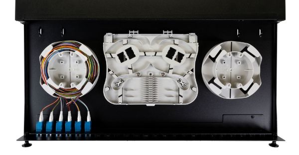 Picture of 19'' 1U Fibre Tray 12C LC SM Fully Loaded 12x LC Elite OS2 Pigtails 6x LC Duplex Blue