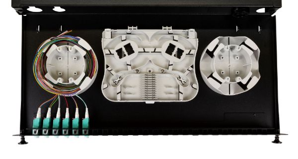 Picture of 19'' 1U Fibre Tray 12C LC MM Fully Loaded 12x LC Elite OM4 Pigtails 6x LC Duplex Aqua