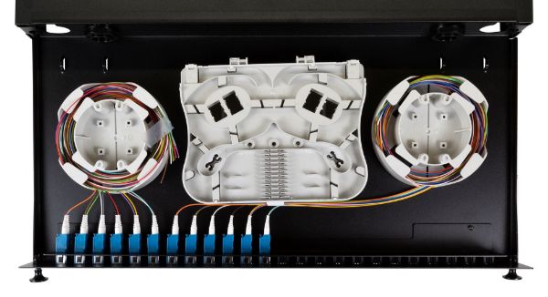 Picture of 19'' 1U Fibre Tray 24C LC SM Fully Loaded 24x LC Elite OS2 Pigtails 12x LC Duplex Blue