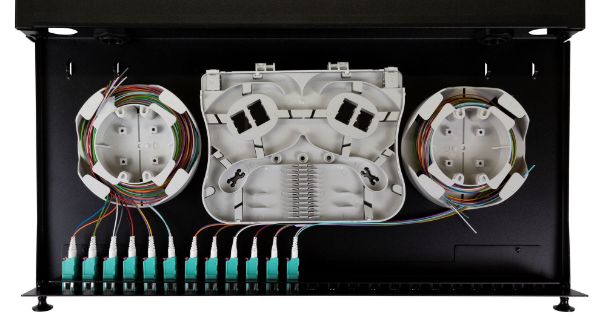 Picture of 19'' 1U Fibre Tray 24C LC MM Fully Loaded 24x LC Elite OM4 Pigtails 12x LC Duplex Aqua