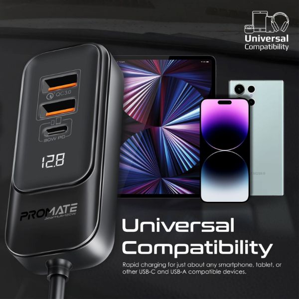 Picture of 120W In-Car Device Charger Backseat 3 Port Charging Hub. Includes 2x USB-C & 2x USB-A