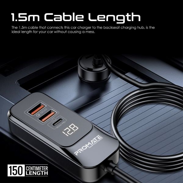 Picture of 120W In-Car Device Charger Backseat 3 Port Charging Hub. Includes 2x USB-C & 2x USB-A