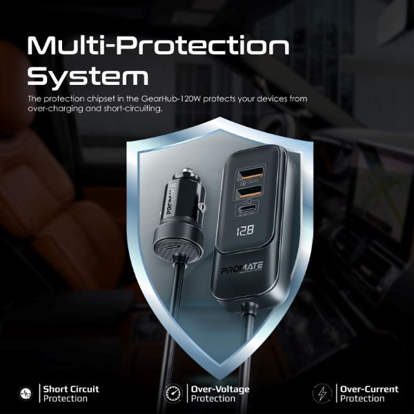 Picture of 120W In-Car Device Charger Backseat 3 Port Charging Hub. Includes 2x USB-C & 2x USB-A