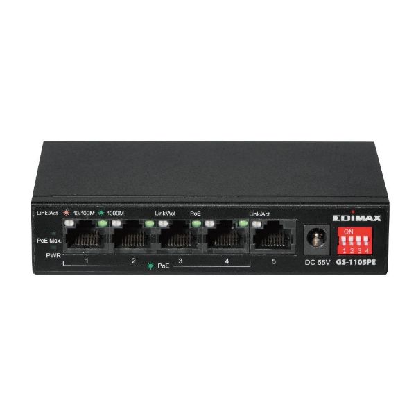 Picture of 5 Port 10/100/1000 Gigabit Ethernet w/ 4x PoE+ Ports & DIP Switch