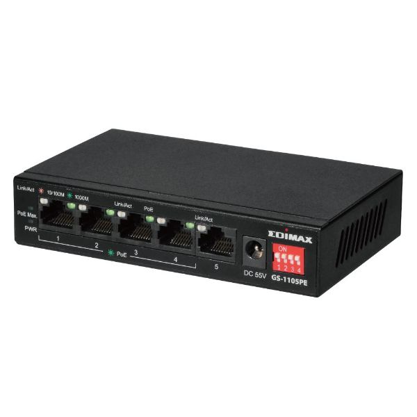 Picture of 5 Port 10/100/1000 Gigabit Ethernet w/ 4x PoE+ Ports & DIP Switch
