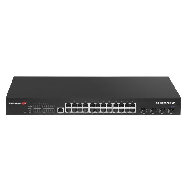 Picture of 24 Port Gigabit PoE+ Web Smart Surveillance Switch w/ 4 Port 10GbE SFP+ Uplinks.