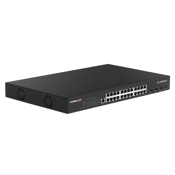 Picture of 24 Port Gigabit PoE+ Web Smart Surveillance Switch w/ 4 Port 10GbE SFP+ Uplinks.