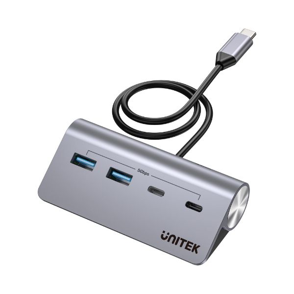 Picture of 4-in-1 Multi-Port Hub w/ USB-C Connector. 2x USB-C 2x USB-A Ports. Supports 5Gbps
