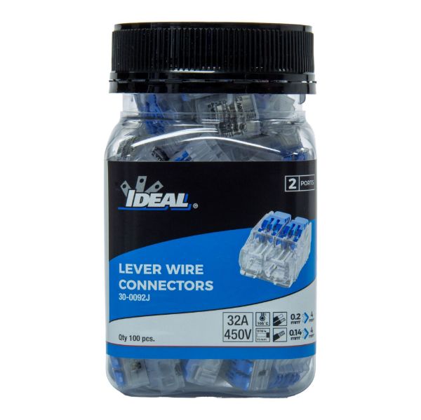 Picture of 32A 2 Port Wire Connector Gen II Lever 100pc Jar 0.2 mm2 to 4.0 mm2 Solid/Stranded Wire