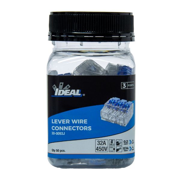 Picture of 32A 3 Port Wire Connector Gen II Lever 50pc Jar 0.2 mm2 to 4.0 mm2 Solid/Stranded Wire