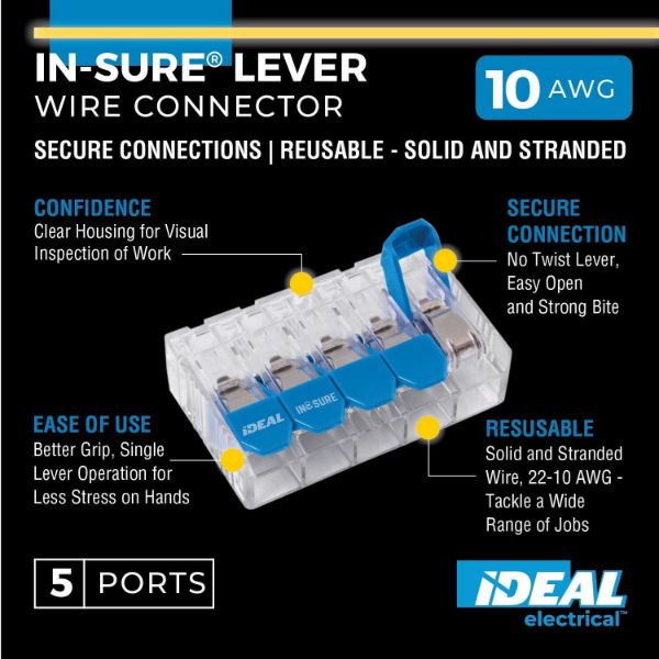 Picture of 30A 5 Port Wire Connector Lever. 20pc Jar. 0.5 mm2 to 6.0 mm2