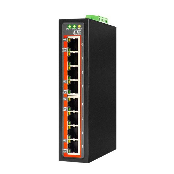 Picture of 8 Port Fast Ethernet Unmanaged Switch. -40C +75C. 8x 10/100BaseT(X). Power