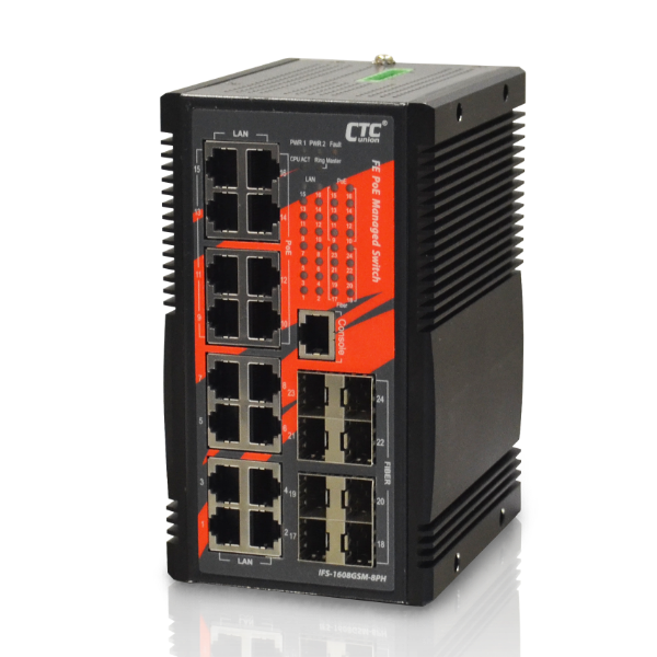 Picture of 16 Port Gigabit Managed PoE+ Switch. 8x Gbe SFP 8x PoE+ (Max 240W). Operating Temp