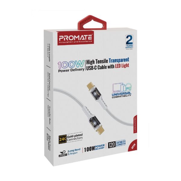 Picture of 1.2m USB-C to USB-C Ultra-Fast 100W PD Cable w/ Transparent Connectors.