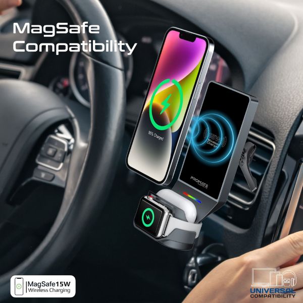 Picture of 15W 3-in-1 MagSafe InCar Qi2 Phone Wireless Charging Mount. Includes Both Vent &