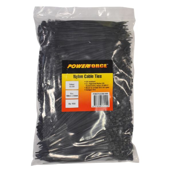 Picture of 3.6 x 150mm Black UV Cable Ties Pack of 1000 18kgs Tensile Strength