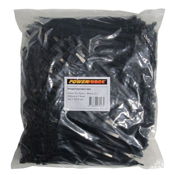 Picture of 7.6 x 200mm Black UV Cable Ties Pack of 1000 55kgs Tensile Strength