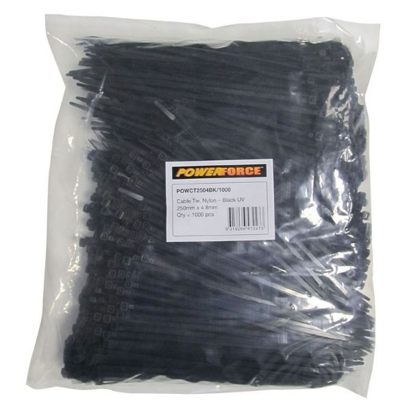 Picture of 4.8 x 250mm Black UV Cable Ties Pack of 1000 22kgs Tensile Strength