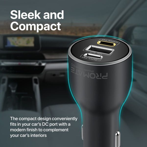 Picture of 120W PD In-Car Phone Tablet Notebook Charger. Dual USB-C Ports 1x USB-A
