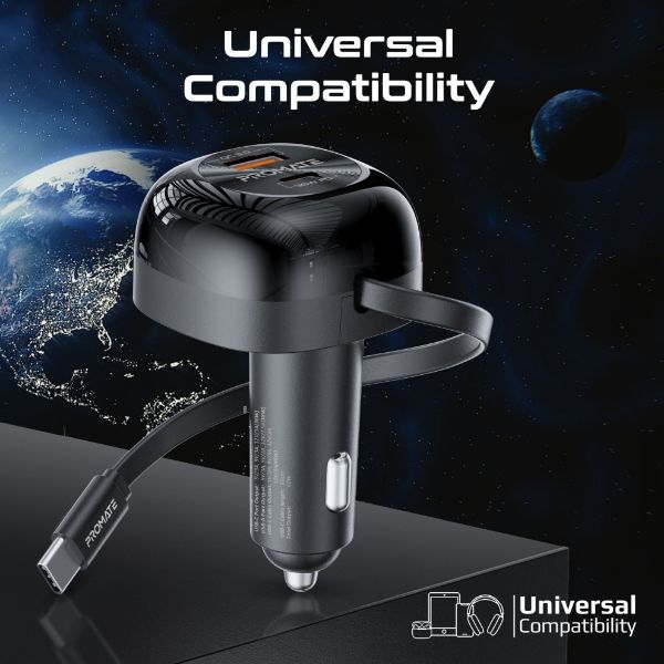 Picture of 62W PD In-Car Phone Charger Retractable 80cm USB-C Cable. 45W PD USB-C Connector 36W PD