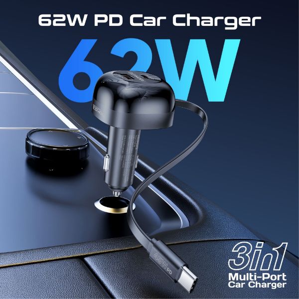 Picture of 62W PD In-Car Phone Charger Retractable 80cm USB-C Cable. 45W PD USB-C Connector 36W PD