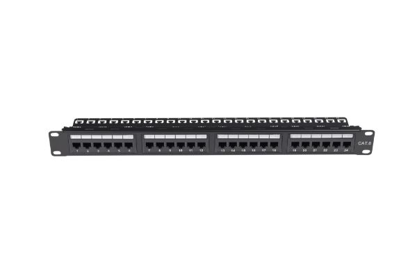 Picture of 24 Port 19'' Cat6 UTP Patch Panel plastic labelling kit. Rear Support Bar. T568A &