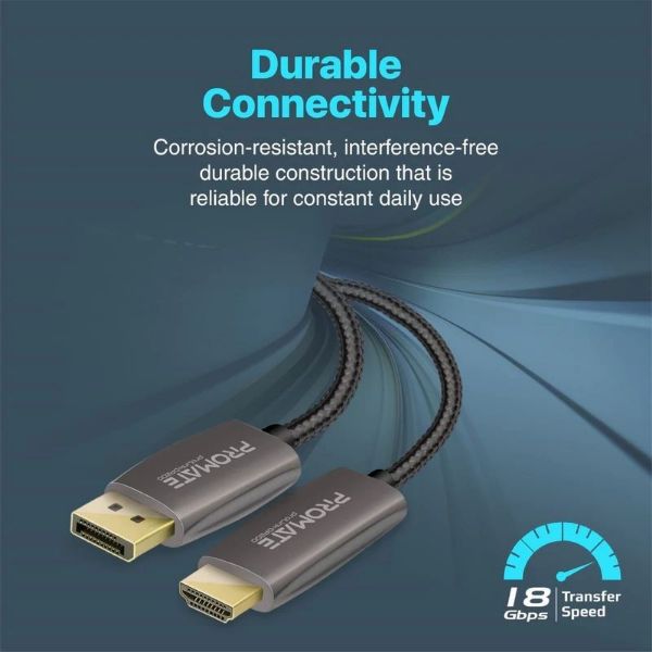 Picture of 2m DisplayPort to HDMI Cable. Supports Max Res up to 4K@60Hz. Transfer Rate 18Gbps.
