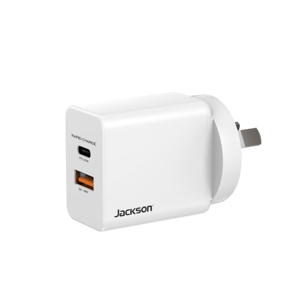 Picture of 20W Dual Port USB Wall Charger w/ 1x USB-A (18W) & 1x USB-C Ports (20W). Fast Charge