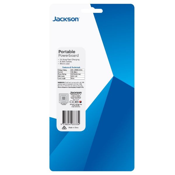 Picture of 1x Outlet Power board w/ 4x USB Charging Outlets. 3.4A. 0.9m Lead