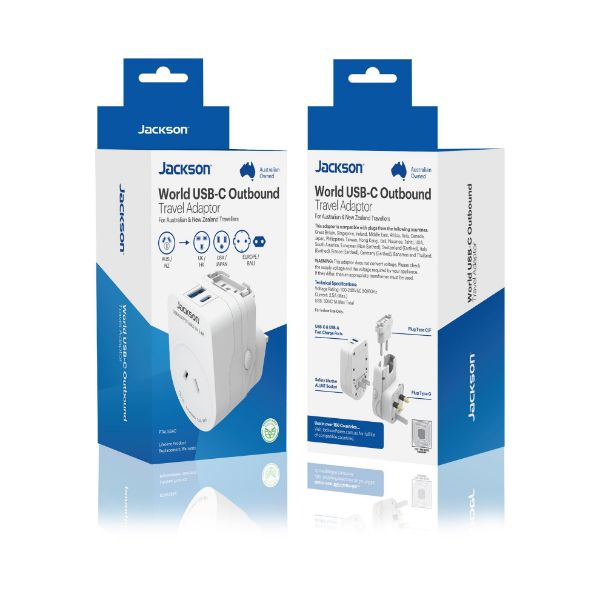 Picture of Outbound Travel Adaptor with USB-A/C. Converts 2-Pin NZ/AUS Plugs for Use in More than 150