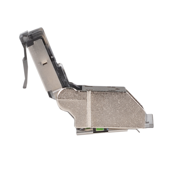 Picture of RJ45 STP Cat6A 10G Tooless Flexible Plug. Works w/ both Solid & Stranded Conductors