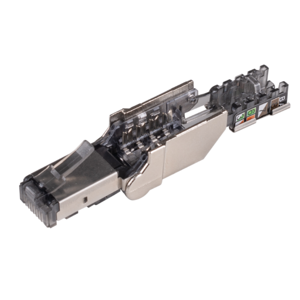 Picture of RJ45 STP Cat6A 10G Tooless Flexible Plug. Works w/ both Solid & Stranded Conductors