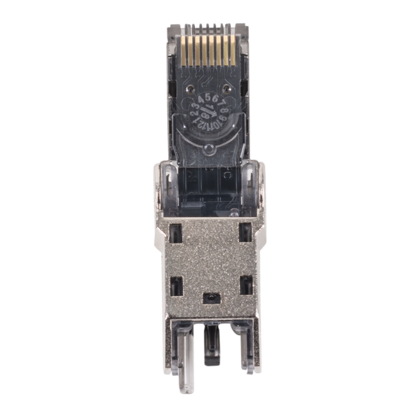 Picture of RJ45 STP Cat6A 10G Tooless Flexible Plug. Works w/ both Solid & Stranded Conductors