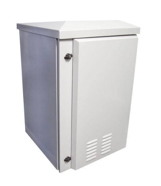 Picture of 12RU Vented Outdoor Wall Mount Cabinet. Dims 611x 425x640. IP45 rated. Lockable