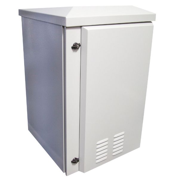 Picture of 12RU Vented Outdoor Wall Mount Cabinet. Dims 611x 425x640. IP45 rated. Lockable