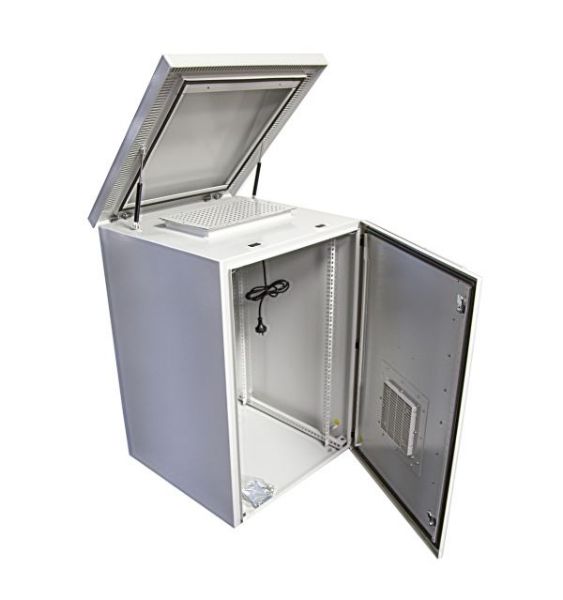 Picture of 12RU Vented Outdoor Wall Mount Cabinet. Dim 611x625x640 IP45 rated. Lockable door.